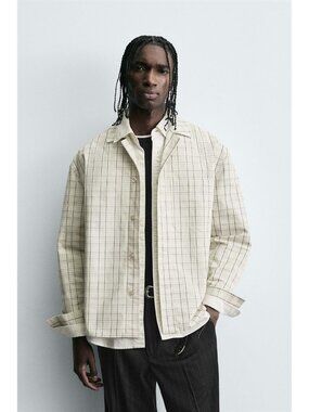 Zara Mens Shirt Jacket Large L Oyster White Plaid Button Up 2688/115 NWT